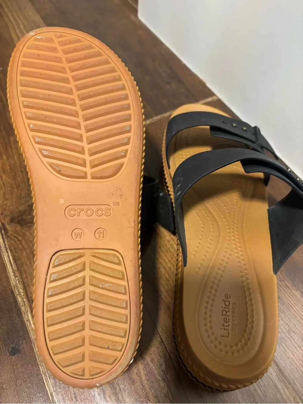 Like New Crocs Black and Tan Sandals